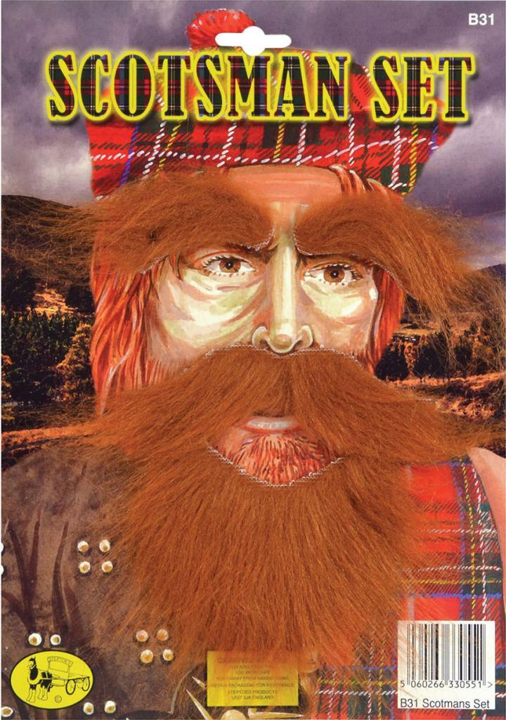 Scotsman Beard, Moustache and Eyebrows set in ginger with self-adhesive backing. By Steptoes B31 and available from Karnival Costumes