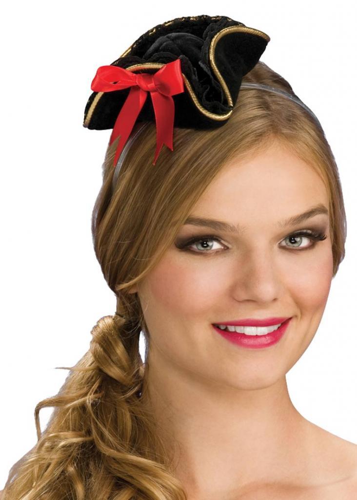 Cute Mini Buccaneer Hat in Black with Gold Braid and Red Bow Trim by Rubies 49887 available here at Karnival Costumes online party shop