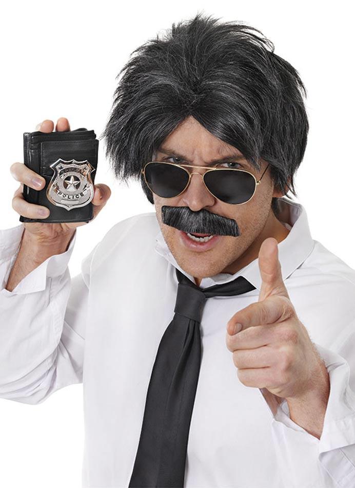 80s Cop Wig and Moustache Set - Costume Wigs - Black Option
