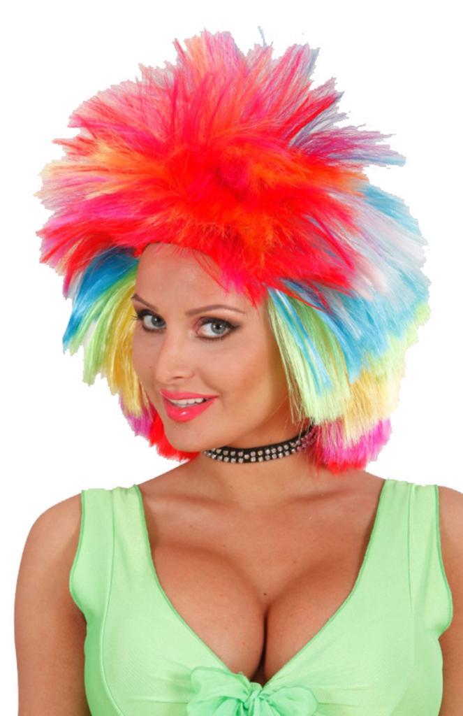 Chop Styled Rock Star Wig in Rainbow colours and ideal for modern clowns and Rainbow Pride from Karnival Costumes