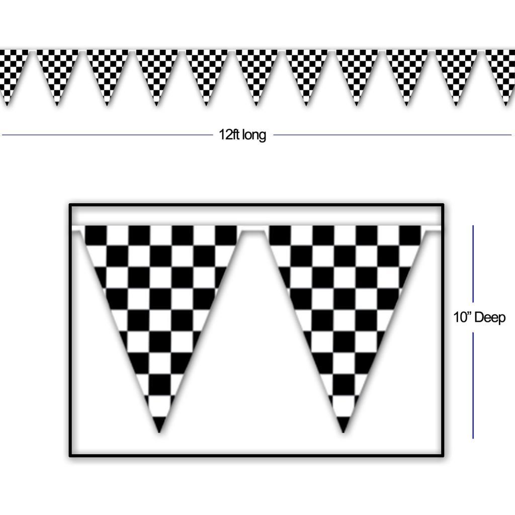 Black and White Chequered Pennant Bunting in 12ft length by Beistle 50532 available here at Karnival Costumes online party shop
