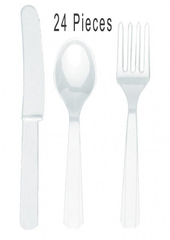 Frosty White Cutlery Assortment by Amscan 45469-08 pack 24 pieces available at Karnival Costumes