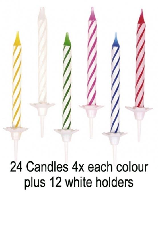 24 Mixed Party Cake Candles and 12 White Holders by Amscan RM5053 from Karnival Costumes