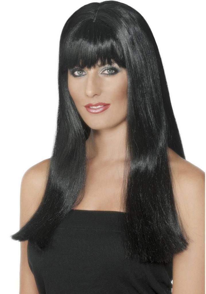 Long Mystique Wig for Ladies in Black with fringe and skin parting by Smiffy 42213 and available from Karnival Costumes