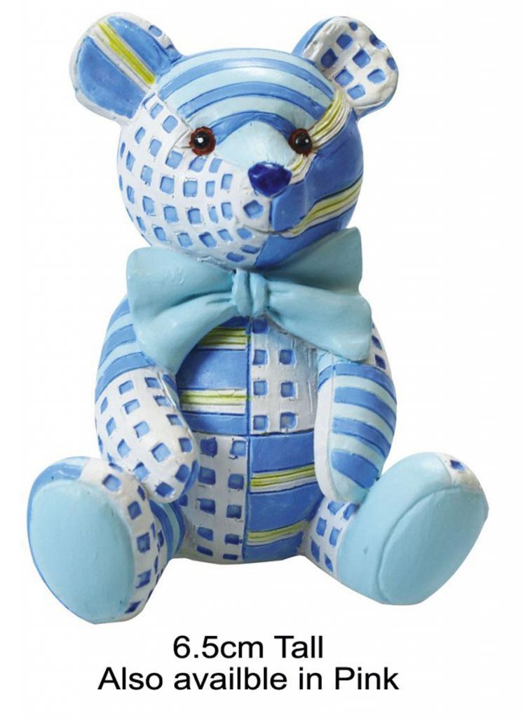 6.5cm tall Blue Patchwork Teddy Cake Topper or Decoration available from a collection of cake decorating items at Karnival Costumes