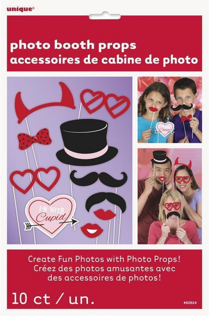 Valentines Photo Booth Kit by Unique item: 62624. The pack includes 10 elements, ideal for booths or selfies. Available at Karnival Costumes