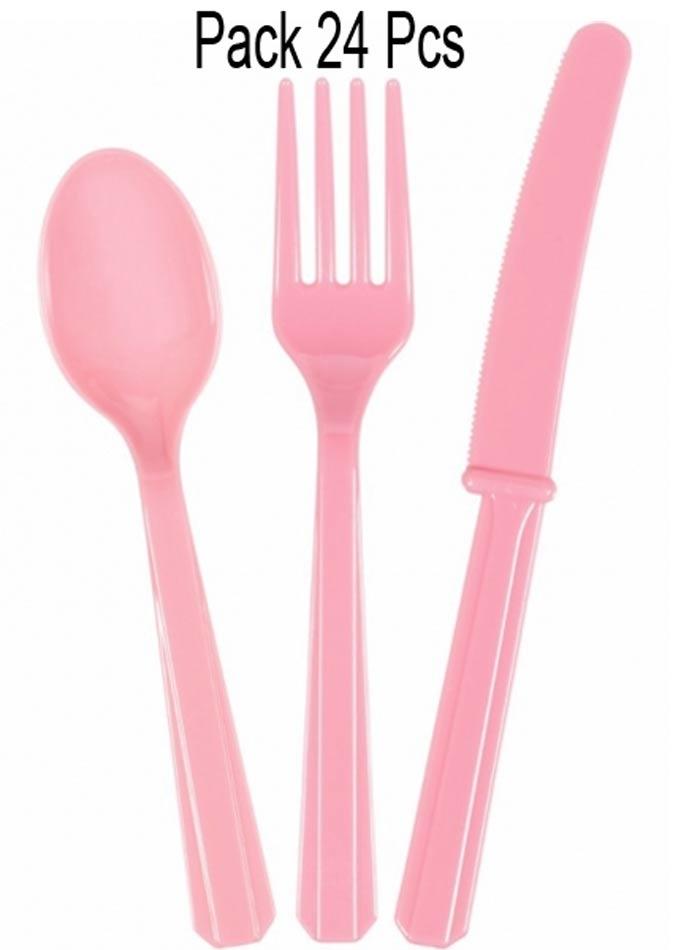 Baby Pink Cutlery Assortment 24 pieces, 8 each of knives, forks and spoons. By Amscan and available from Karnival Costumes online party shop