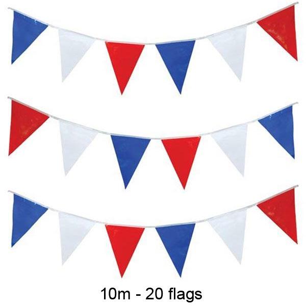 10m length of Red, White and Blue Pennant Bunting with 20 flags by Heaton Party and available from Karnival Costumes online party shop