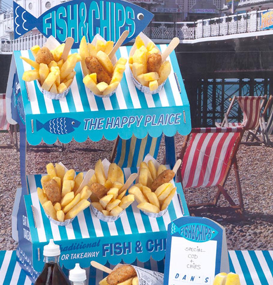 Fish and Chip Stand with signs and cones by Talking Tables STALL-FISHCHIP available from a range at Karnival Costumes