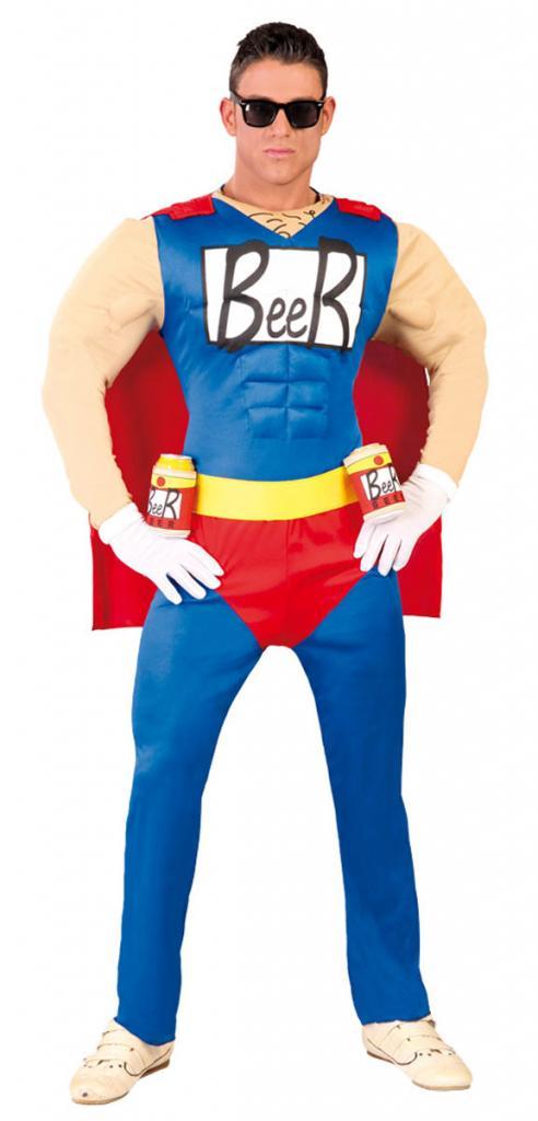Beer Man Superhero Costume with Muscles and Beer Can Belt by Guirca 80743 and available in the UK here atr Karnival Costumes online party shop