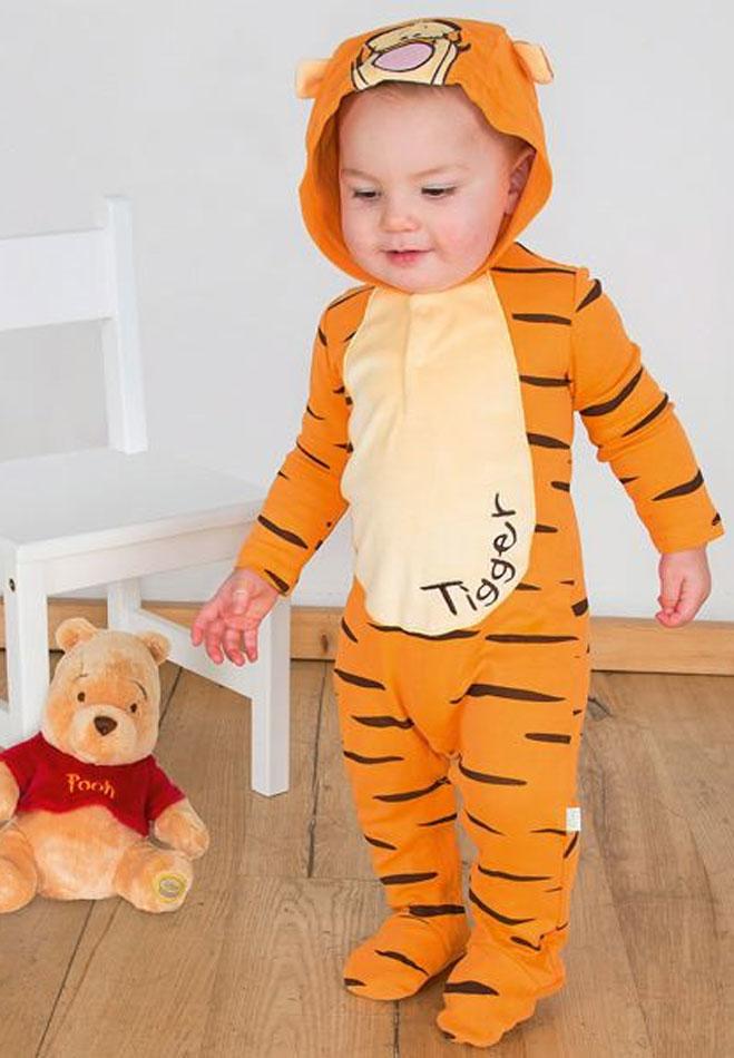 Disney's Tigger Cotton Jersey Hooded Romper for babies in a range of sizes. By Travis Designs and fully licensed, it's available here at Karnival Costumes online party shop