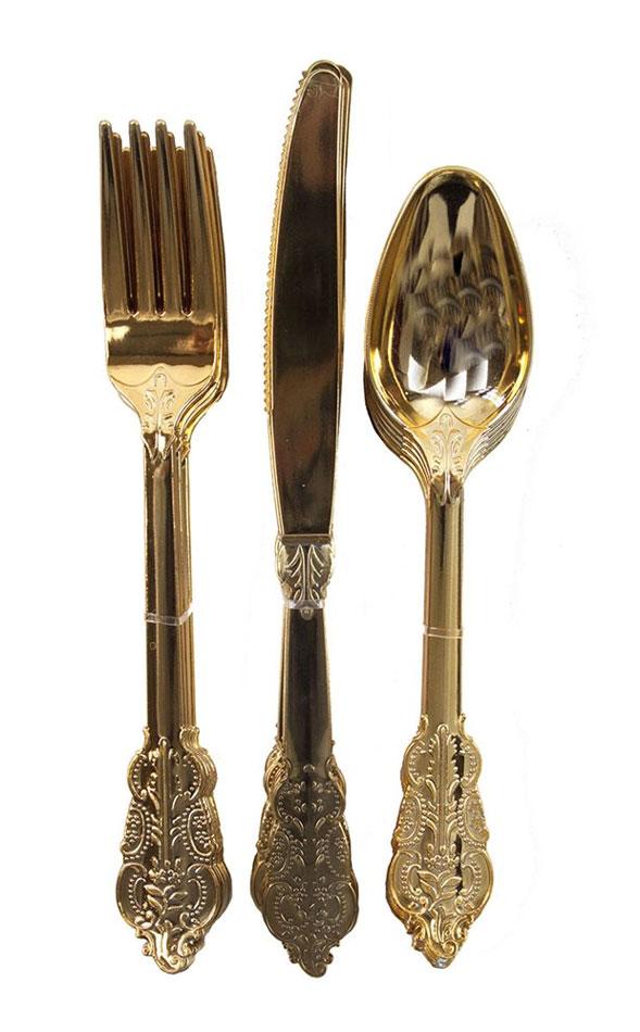Party Porcelin Metallic Gold Cutlery Assortment - pk18 (6x each knife, fork and spoon) by Talking Tables PPG-CUTLERY available here at Karnival Costumes online party shop