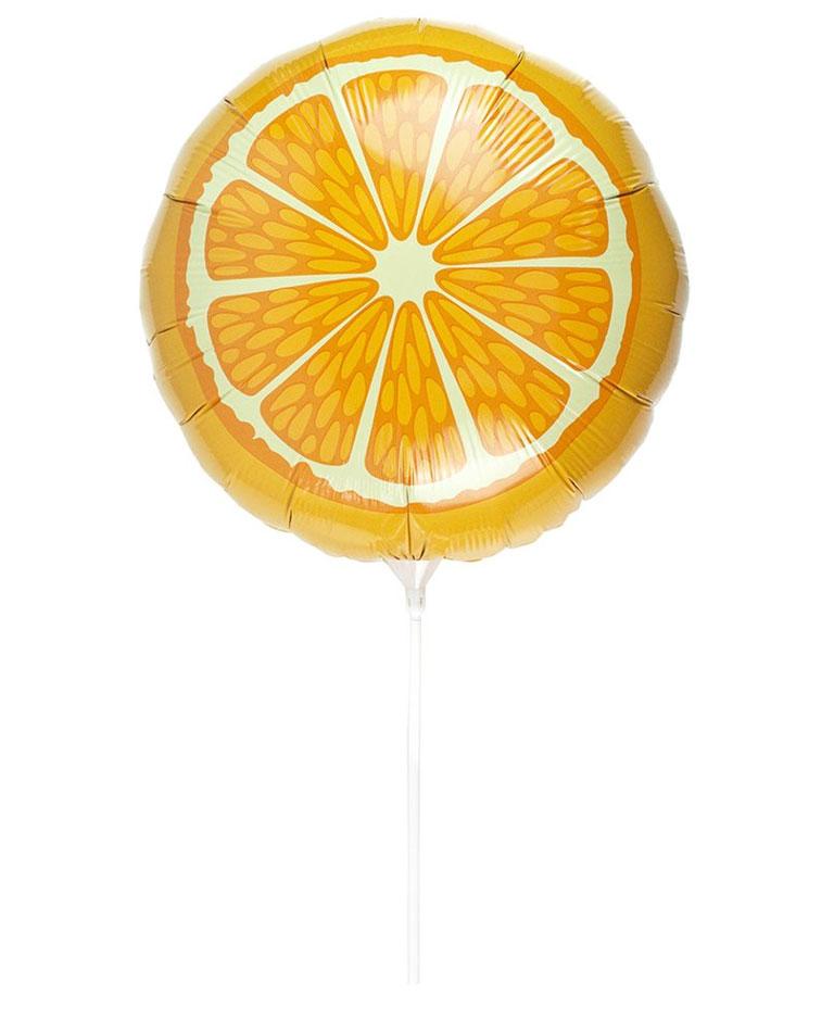 Orange slice foil balloon from a pack of three air fillable fruit design foil balloons with sticks by Talking Tables ALL-FRUITBALL and available here at Karnival Costumes online party shop