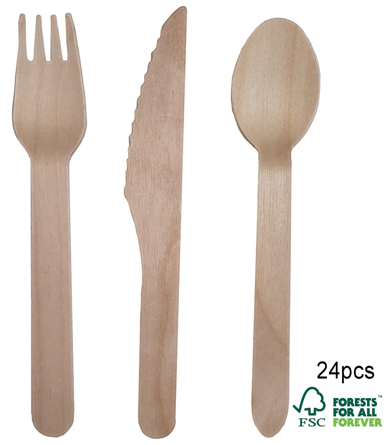 Always Sunny FSC 16cm Wooden Cutlery 24pcs. 8 ea knives, forks and wooden spoons by Amscan 9906878 available here at Karnival Costumes online party shop