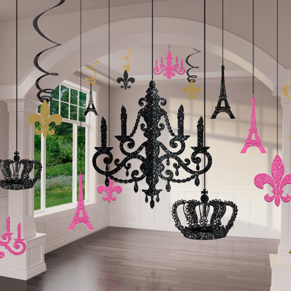 17pce luxurious A Day in Paris Chandelier Decorating Kit including a large central 3D chandelier and muliple swirls and cutouts. By Amscan 241676 and available here at Karnival Costumes online party shop