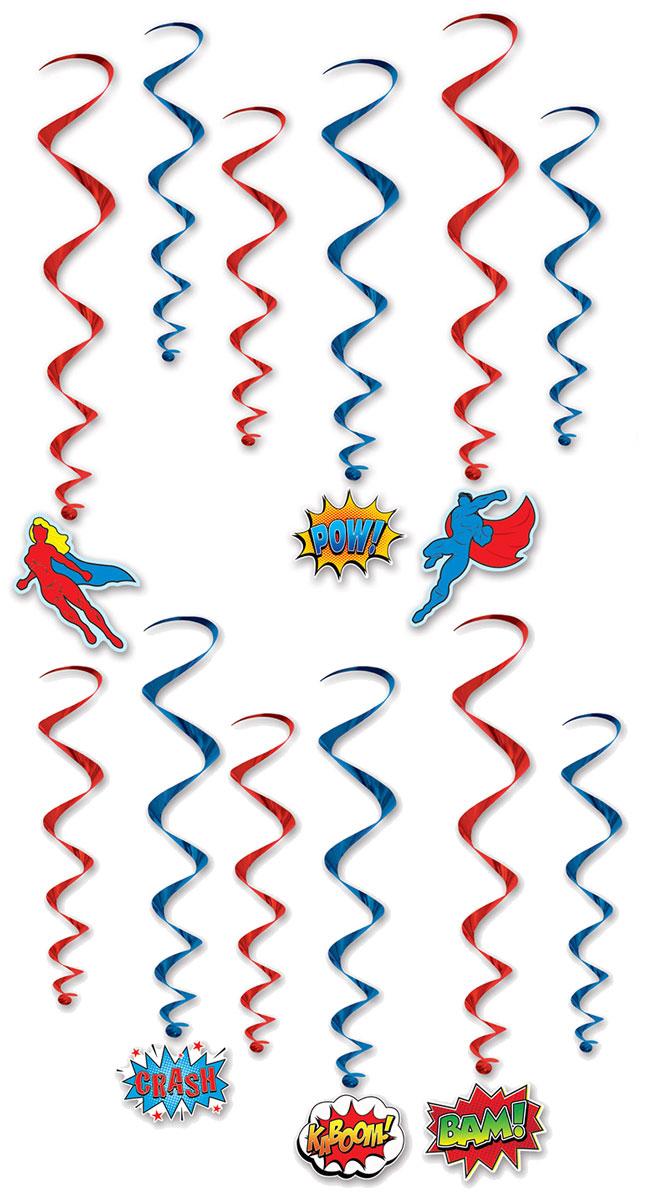 Pack of 12 Superhero Whirls Hanging Decorations ranging from 17" to 31.5"  in length. By Beistle 59885 available in the UK here at Karnival Costumes online party shop