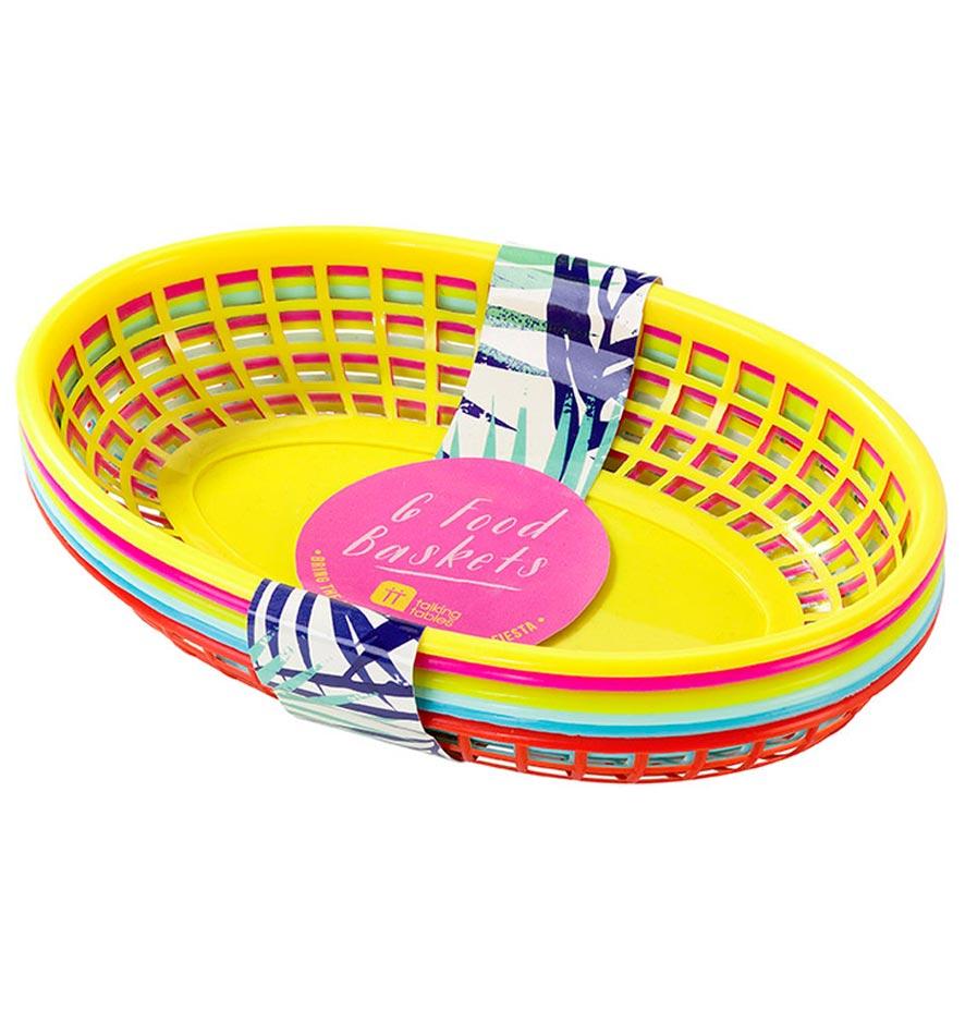 Pack 6 Cuban Fiesta Plastic Food Baskets in a variety of colours. Measuring 23cm these are by Talking Tables FST4-BASKET available here at Karnival Costumes online party shop