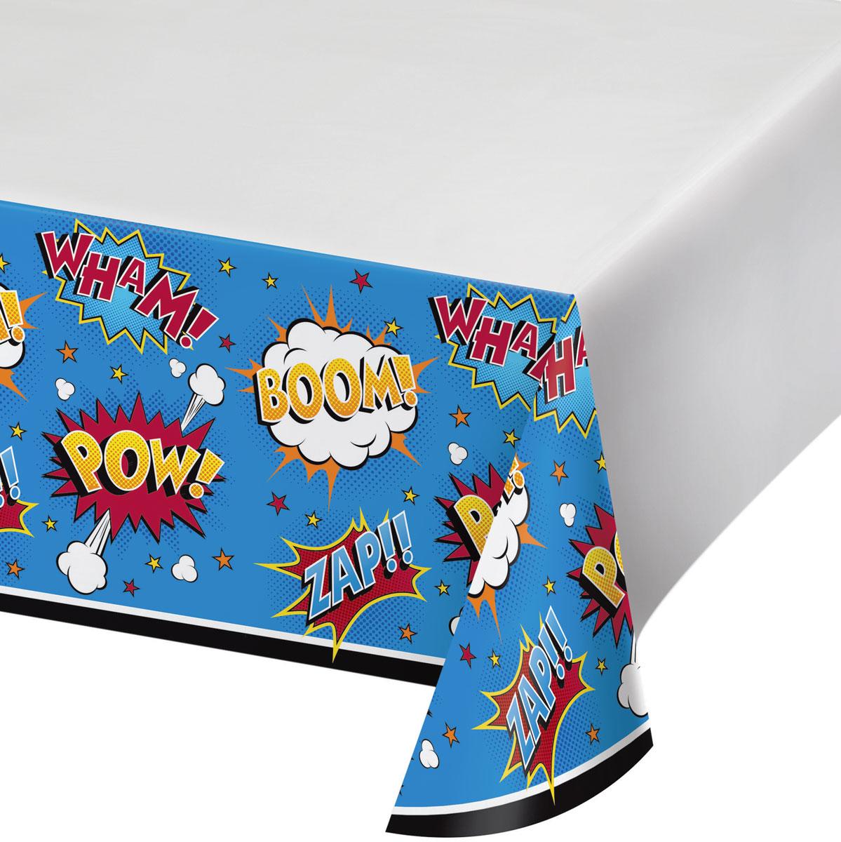 Superhero Slogans Tablecover measuring 48" x 88" in Plastic by Creative Party 324834 available here at Karnival Costumes online party shop