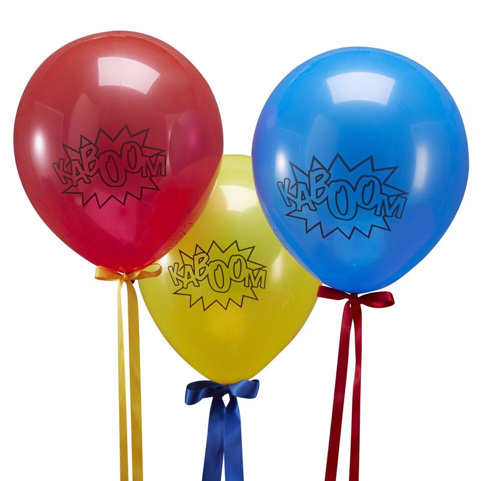 Pack of 10 Comic Superhero Kaboom Party Balloons (22cm) by Ginger Ray CS-910 and available here at Karnival Costumes online party shop