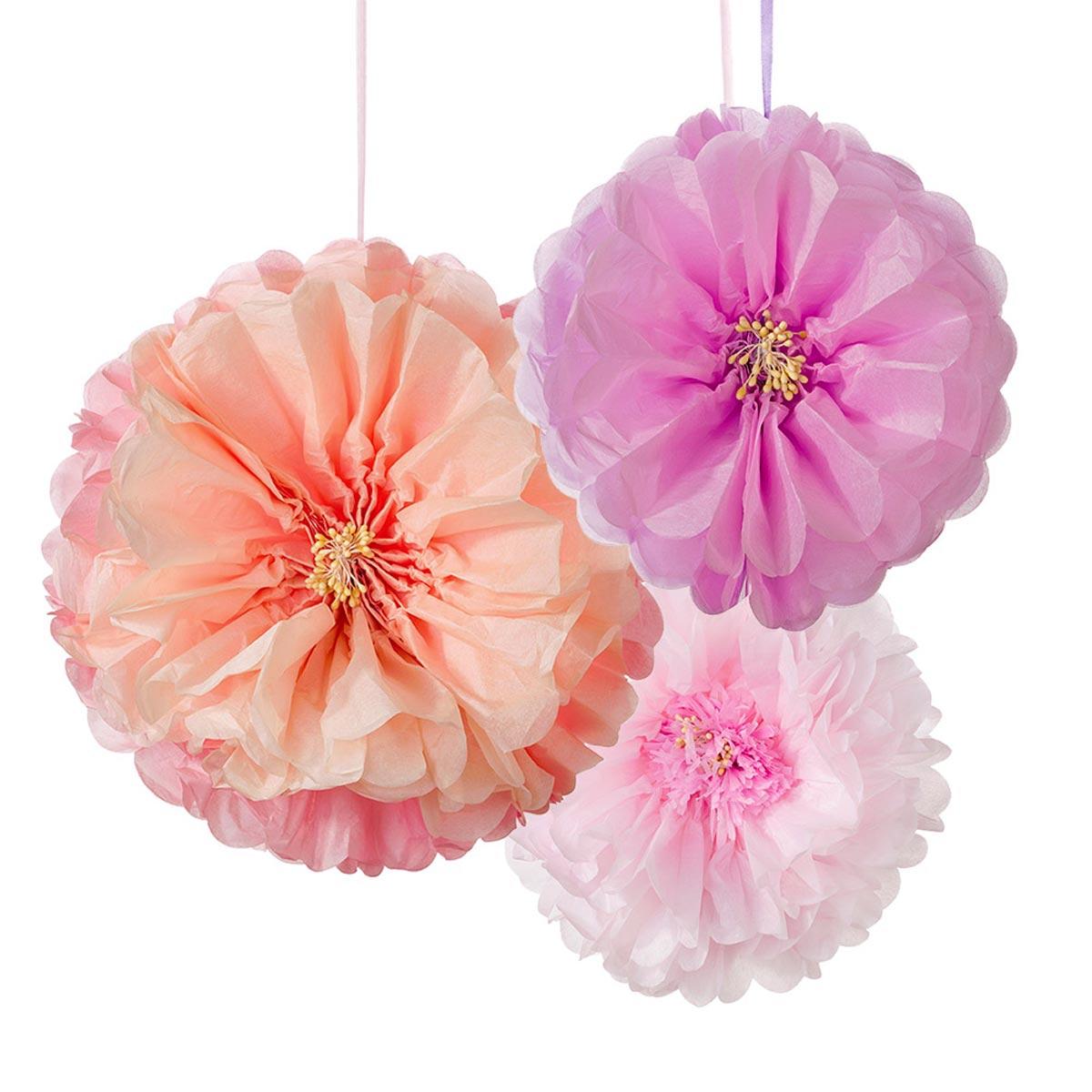 Pack of 3 Decadent Decorations Blush Flower Pom Poms by Talking Tables POMFLOWER-BLUSH available here at Karnival Costumes online party shop