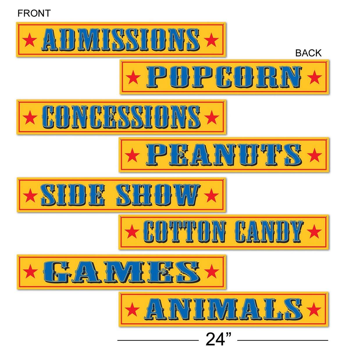 Pack of 4 double sided Circus Sign Cutouts for big top circus themed parties and fundays by Beistle 54304 and available here at Karnival Costumes online party shop