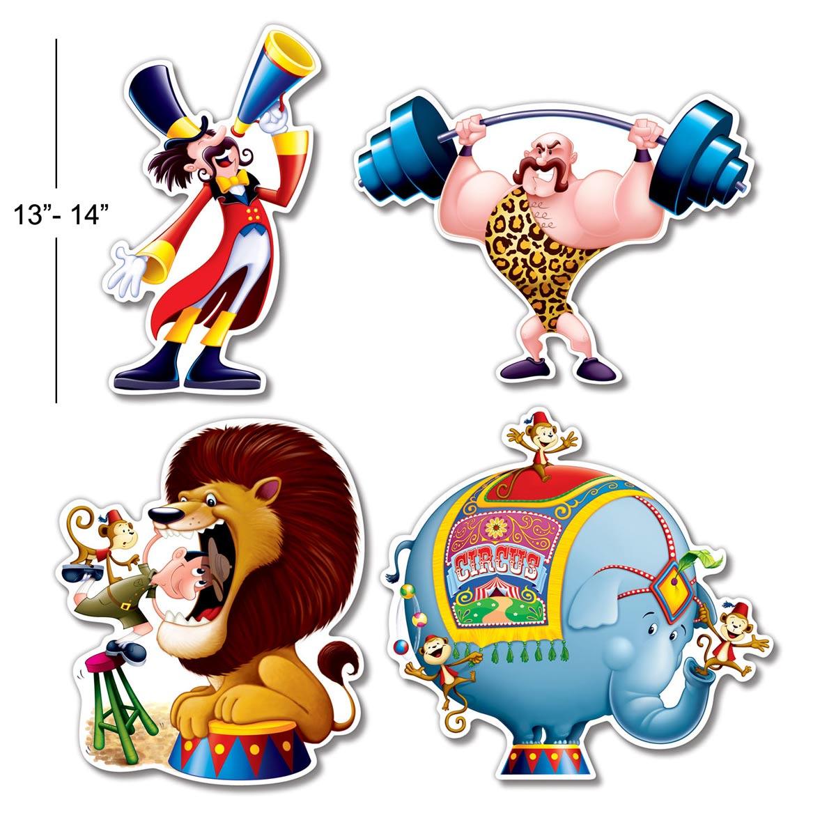Pack of 4 individual Circus Cutout Decorations by Beistle 54338 available here at Karnival Costumes online party shop