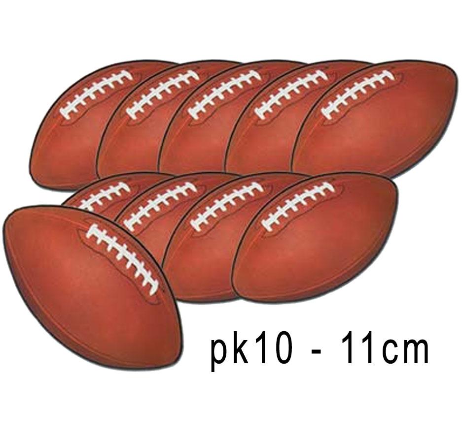 Pack of 10 American Football Cutouts each 11cm wide by Beistle 57079 and available here at Karnival Costumes online party shop