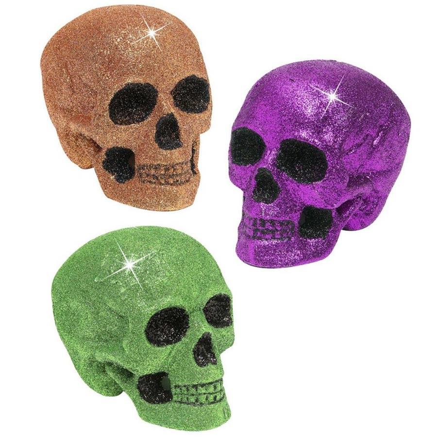 Halloween glam Glitter Skulls 19cm in green, purple and rose gold by Widmann 7863 available here at Karnival Costumes online party shop