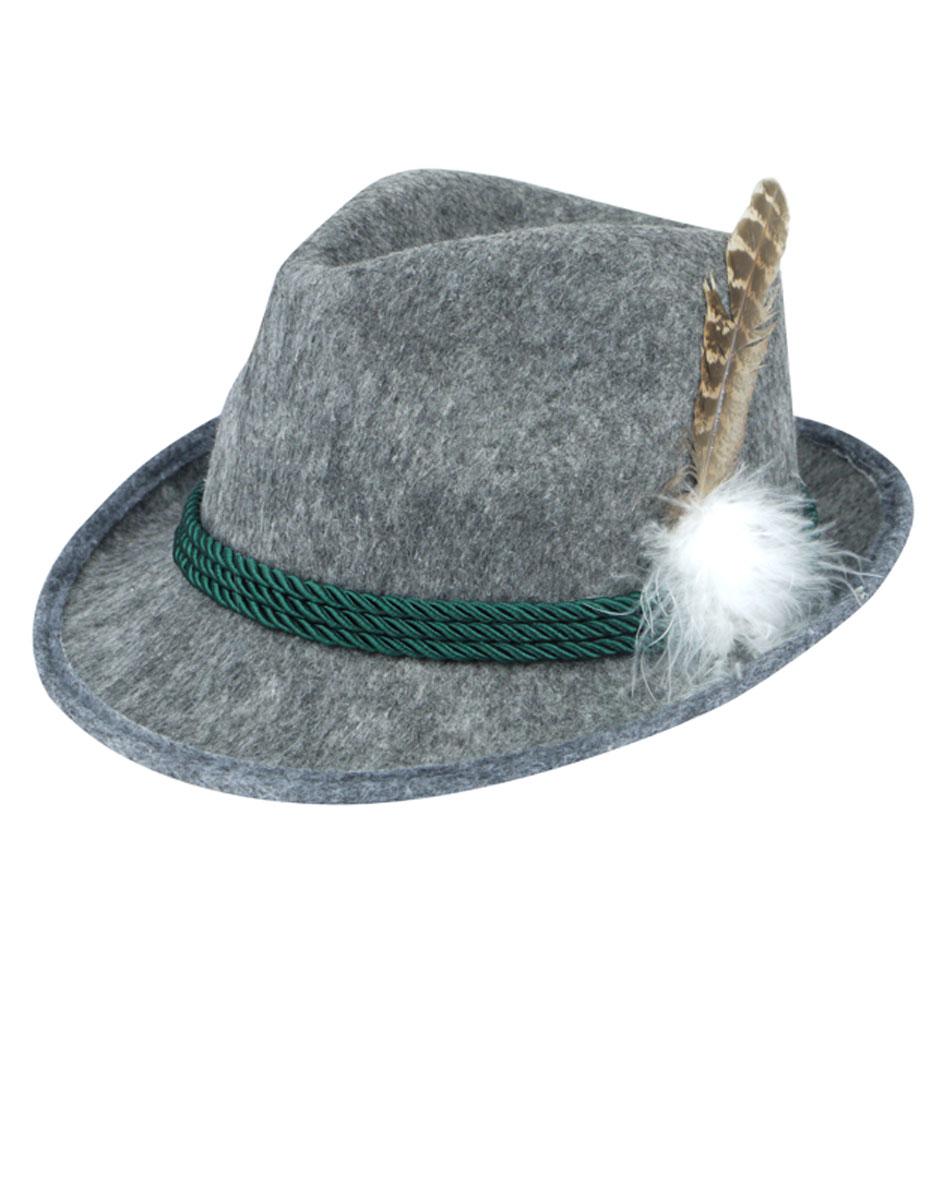German Trenker Hat With Feather Adult Grey German Trenker Hat With Feather Adult Grey