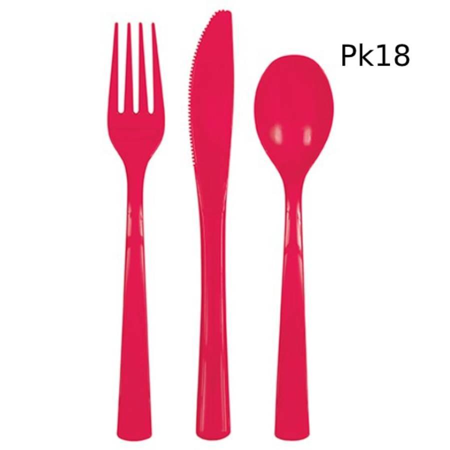 Bright Red reusable plastic cutlery with 6 each; knives, forks and dessert spoons by Unique 39484 available here at Karnival Costumes online party shop