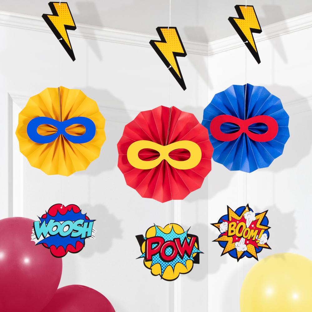 Lifestyle shot of our Superhero Party Hanging Decorations pk3 by Creative Converting 346421 available here at Karnival Costumes online party shop