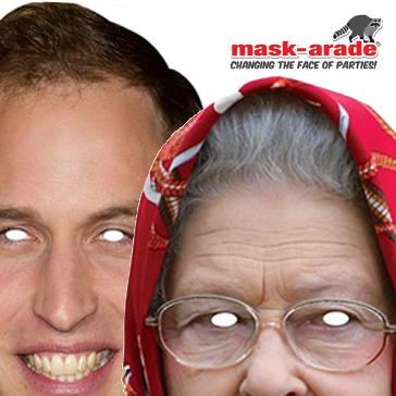 Royal themed face masks including HRH the Queen in ceremonial and everyday dress. Also face-masks for other members of the Royal Household all available here at Karnival Costumes online party shop.