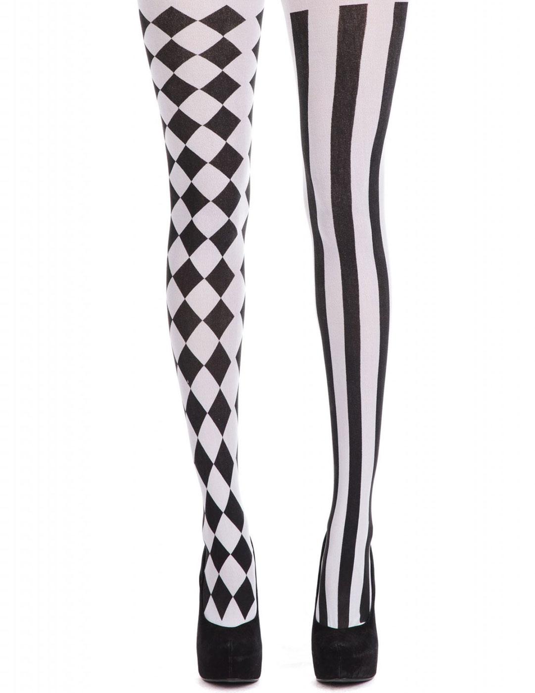 Black and white Harlequin Tights with diamonds on one leg and stripes on the other! By Bristol Novelties BA998 available here at Karnival Costumes online party shop