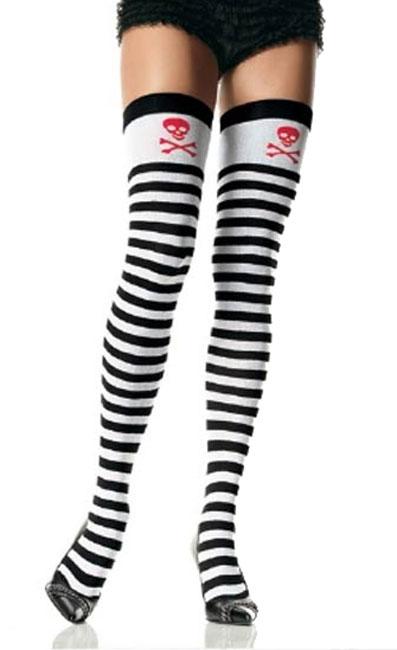 Leg Avenue Black & White Striped Stockings with Skull Print