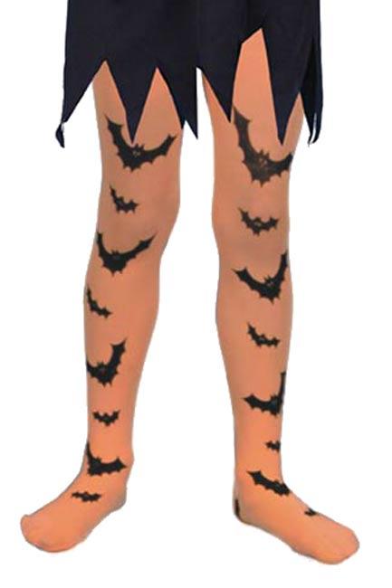 Children's Halloween Tights - Orange with Black Bats