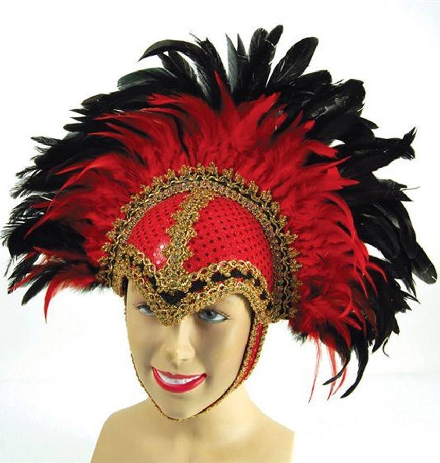 Feather Helmet in Red with Braid & Plumes from a lartge selection of headdresses from Karnival Costumes your fancy dress specialists