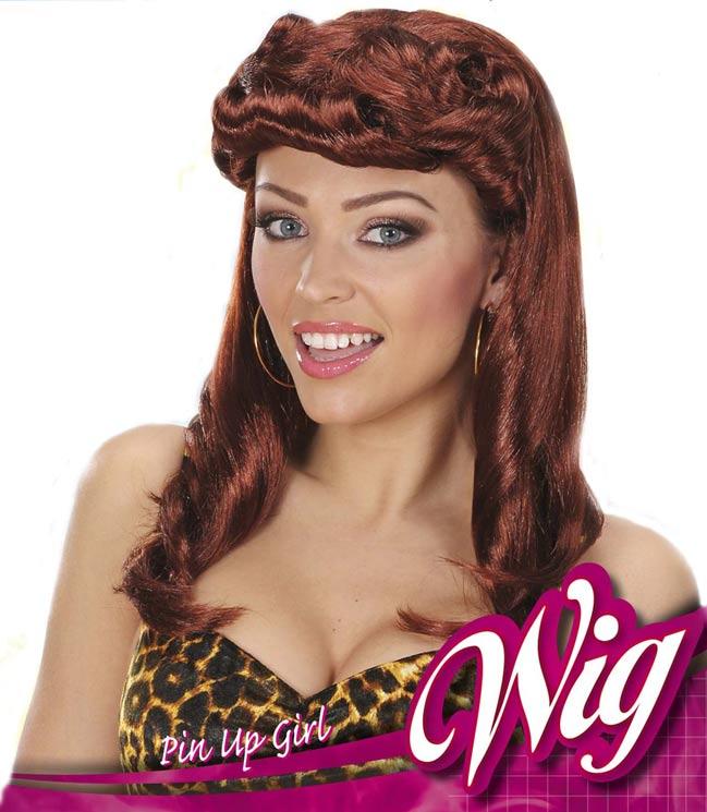 Pin Up Girl Wig in Brown by Widmann P5939 from a collection of Ladies Costume Wigs available here at Karnival Costumes online party shop