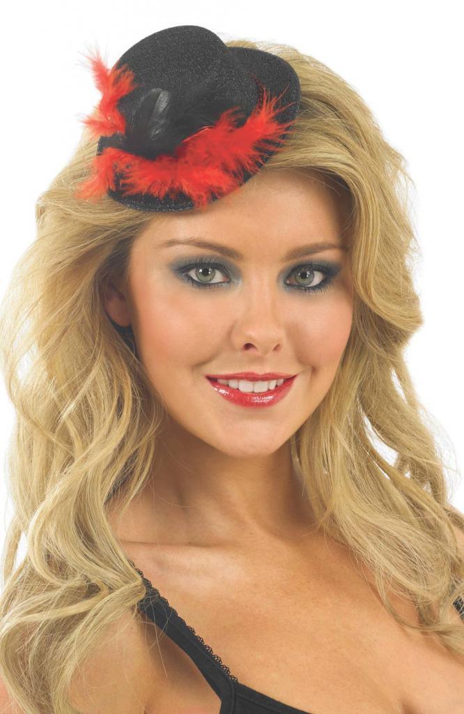 Glitter Mini Top Hat in Black with Black and Red Trim