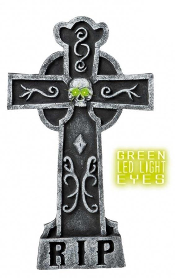 60cm Tall 3D Cross Shaped Gravestone with LED Lights from a huge collection of Halloween decorations, props and tombstones at Karnival Costumes www.karnival-house.co.uk