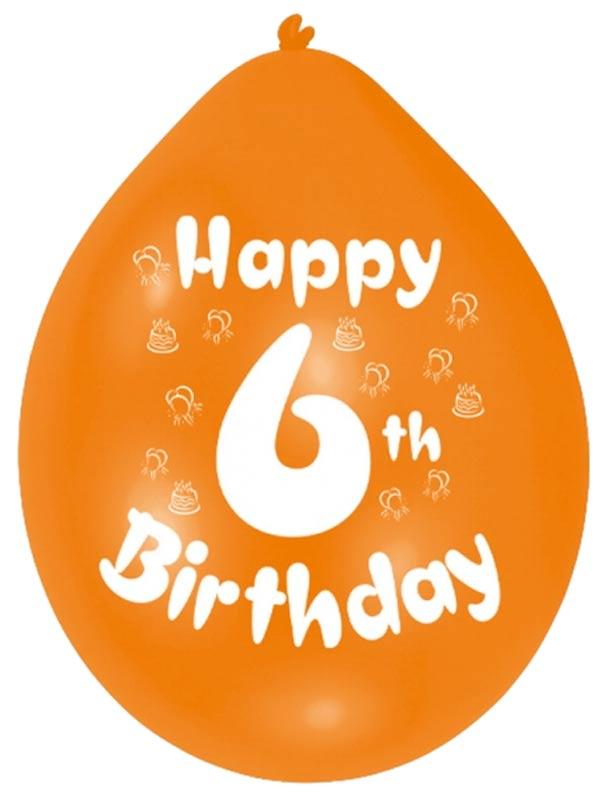 Happy 6th Birthday Balloons - Assorted Colours printed in white. From Amscan, these are in packs of 10 balloons in a 9" size and are brought to you by Karnival Costumes www.karnival-house.co.uk