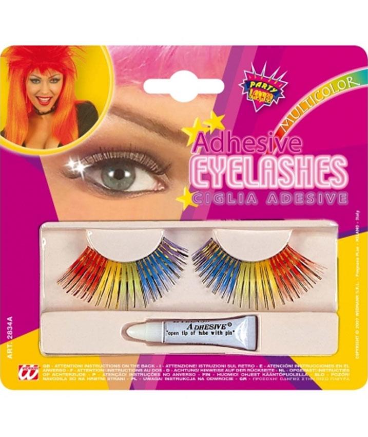 Rainbow Eyelashes with Gold Strands with adhesive from Karnival Costumes