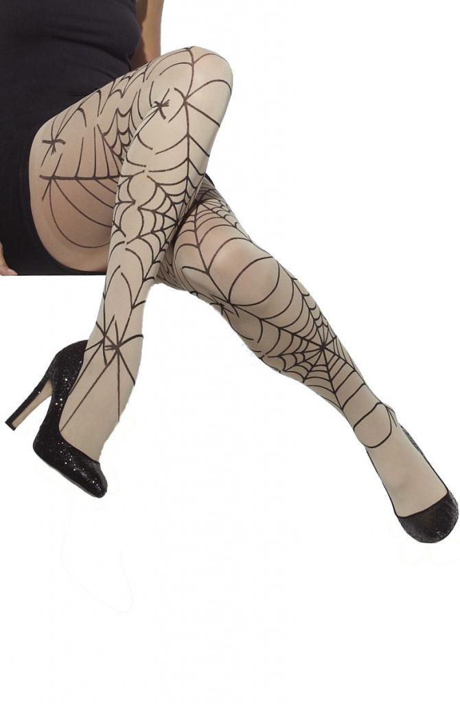 Adult Beige Halloween Tights with Spiderweb Print from Karnival Costumes