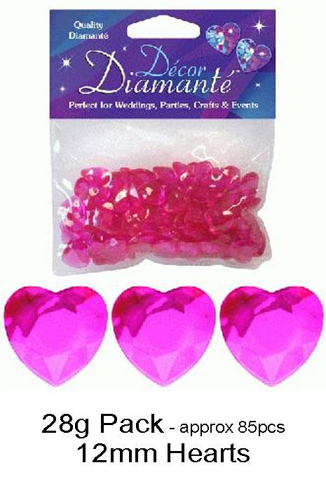 Pack of 28 grams, approximately 85 pieces of 12mm Hot Pink or Cerise Heart Shaped Diamantes for decorating wedding tables, engagment parties and hen night parties. By Oaktree UK item 623019 and available from Karnival Costumes
