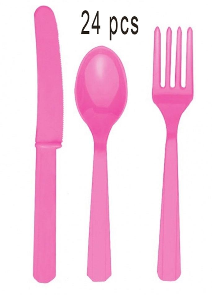 Pack of 24 Bright Pink Cutlery Assortment including 8ea; knives, forks and spoons by Amscan 4546-103 and available from Karnival Costumes online party shop