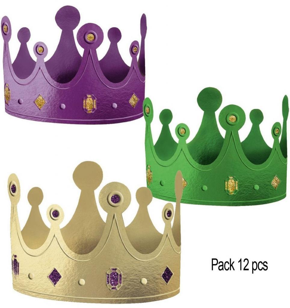 Pack of 12 Adjustable Metallic Paper Mardi Gras Crowns by Amscan 250146 available in the UK from Karnival Costumes
