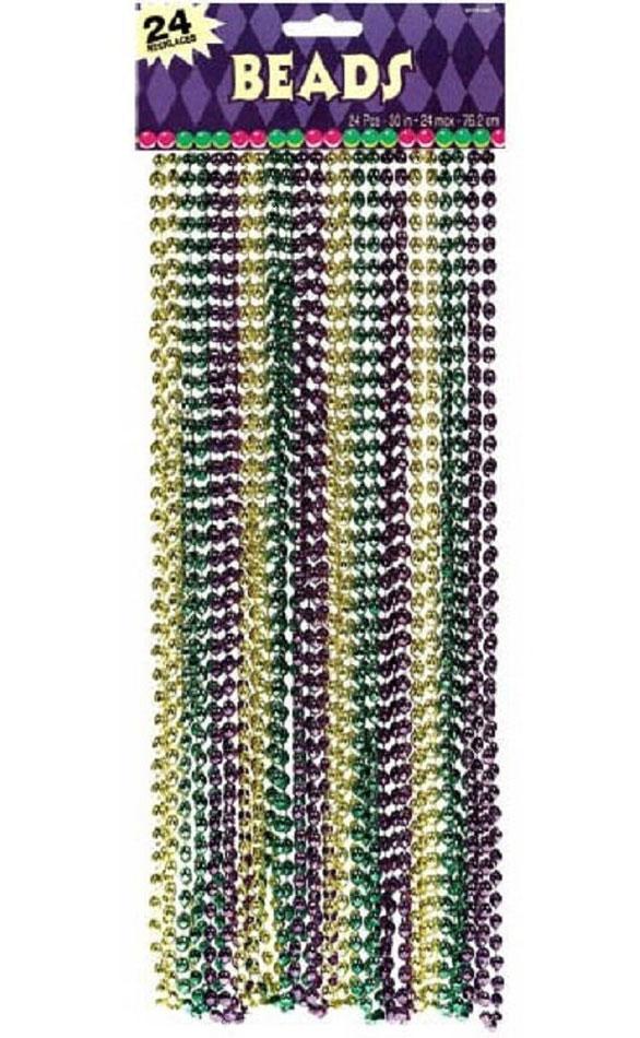 Pack 24 strands of Mardi Gras Bead Necklaces by Amscan 395432 available in the UK from Karnival Costumes online party shop