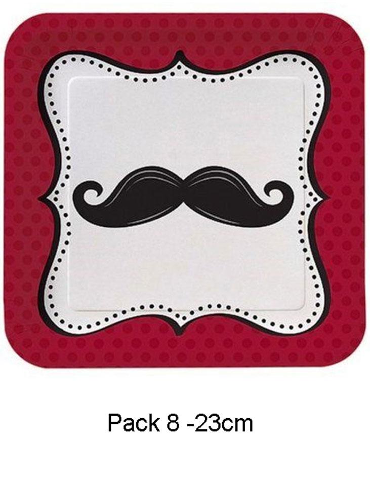 Pack 8 Square 9" Moustache Madness Paper Plates by Creative Converting through Paper Art 428077 available in the UK from Karnival Costumes online party shop