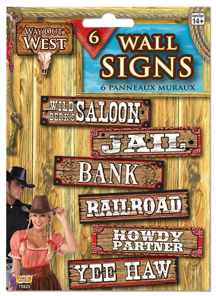 Pk 6 quality Wild West Party Signs by Forum Novelties 75925 and available from the entire range at Karnival Costumes online party shop