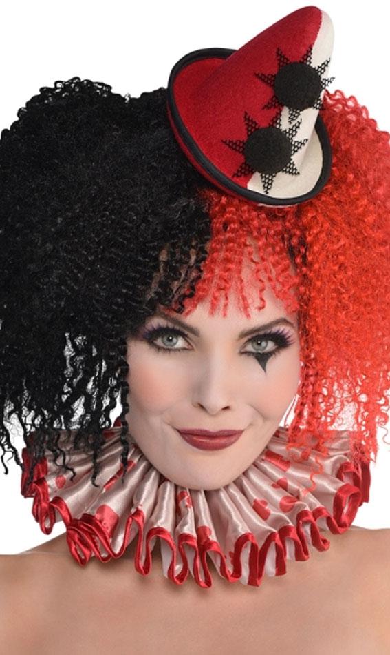 Halloween Circus Clown Hat on Headband for ladies in red/white with black trim by Amscan 845808 and available here at Karnival Costumes online Halloween Shop