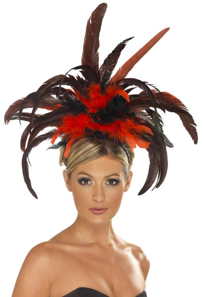 Burlesque Feather Headdress in Red and Black by Smiffys 21043 available here at Karnival Costumes online party shop